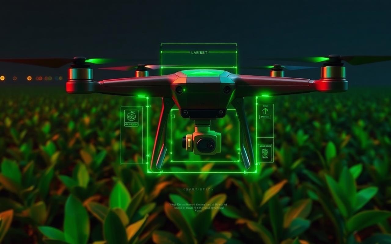Drone camera view with AI detection boxes highlighting diseased crop leaves