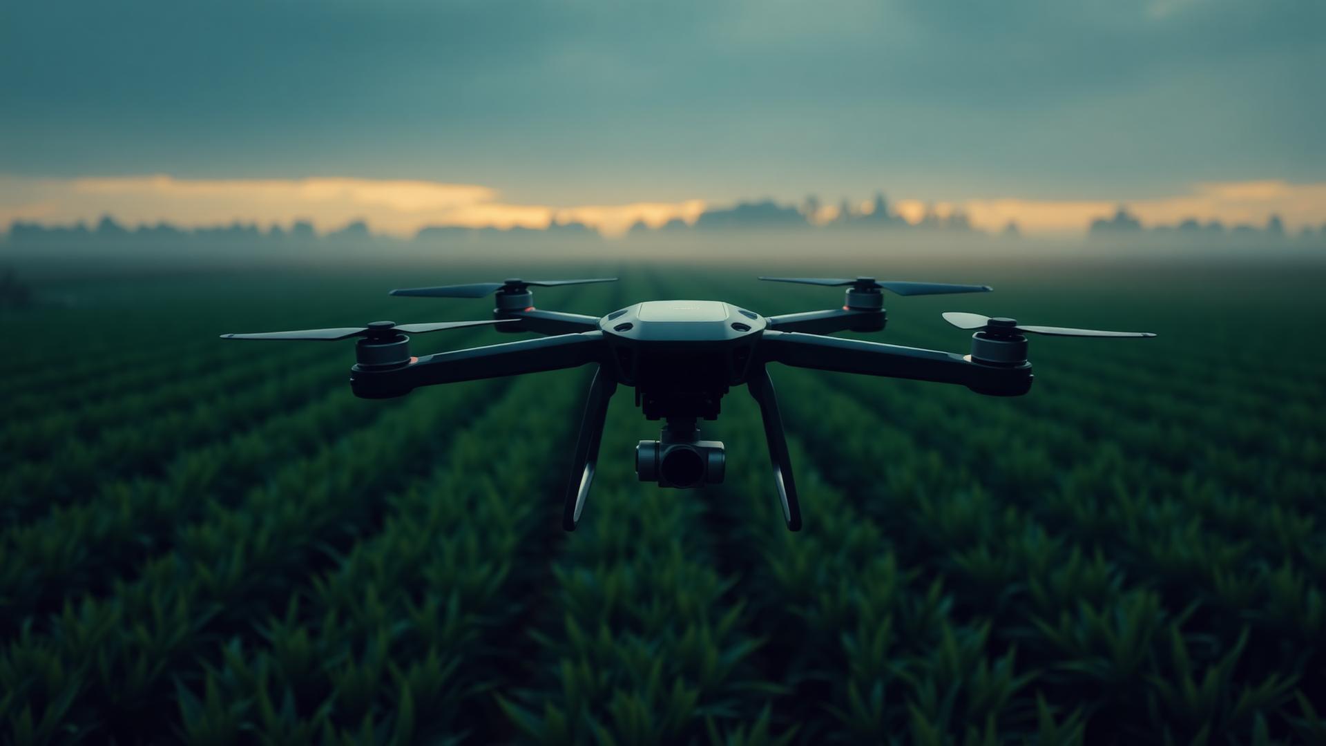 Agricultural drone flying over green crop rows at dawn